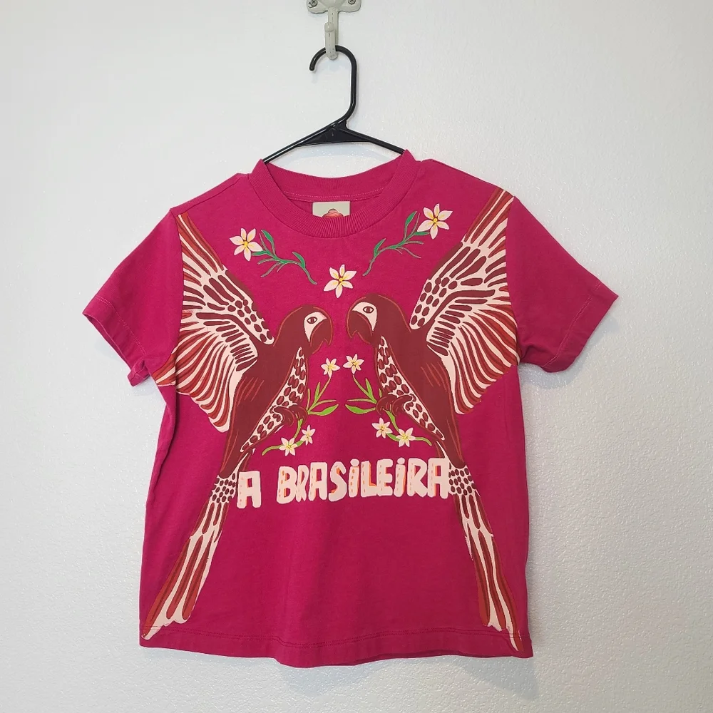 FARM Rio Pink Parrots A BRASILEIRA Cotton Graphic Tee Size XS - Picture 4 of 8